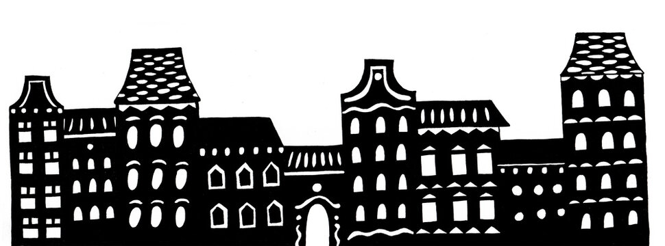 Panorama of the old city. Black silhouettes of houses on a white background. Windows and architectural details are drawn with white lines and geometric shapes. Stylization. Europe. Printmaking style.