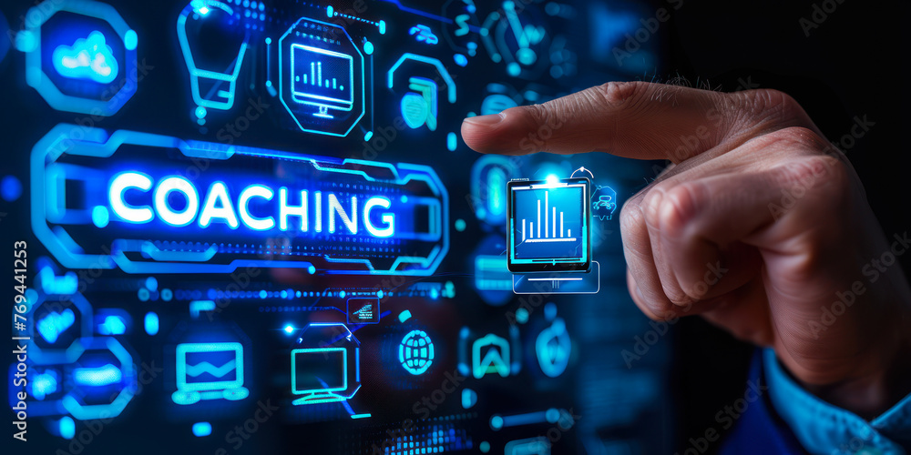 Poster professional selecting coaching service on interactive virtual screen interface with various busines