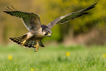 Fototapeta premium falcon gliding over a grassy field