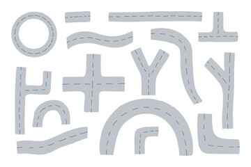 Vector set of road with crossroads, footpath and white markings. Bending asphalt roads and highways vector illustration. Hand drawn road and traffic streets for city map.