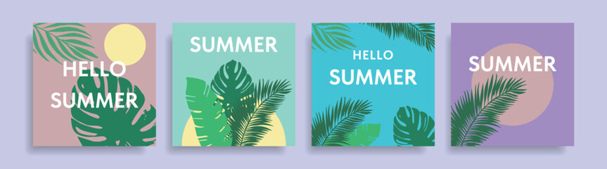 Fototapeta na wymiar Summer banners, posters, covers with abstract tropical leaves and typography. Tropical summer in a minimalist style.
