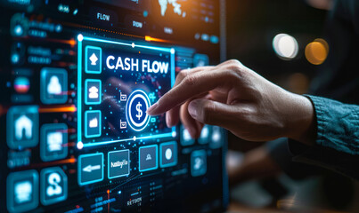 Cash flow management & digital finance with businessman interacting with virtual dashboard displaying money icons, representing modern technological solutions for financial operations and transactions - obrazy, fototapety, plakaty