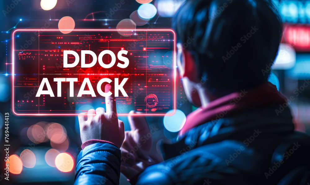 Poster threat of distributed denial of service ddos cyber attacks targeting online systems, person holding 