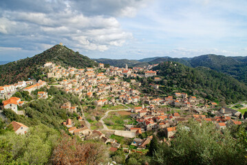 Fototapeta na wymiar View of the village of Lastovo, located on the top of the hill on the northern edge of the Island. Travel to Croatia island. Rural tourism.