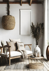 Scandinavian farmhouse living room interior, wall mockup, 3d render. Generative AI.
