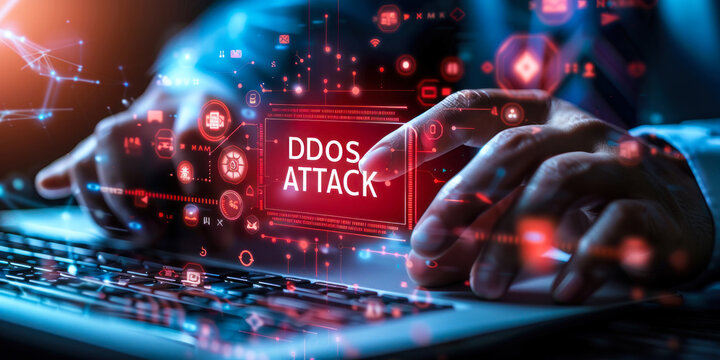 Businessman Interacting with a Holographic Interface Indicating a DDoS Attack Alert, Symbolizing Cybersecurity Threats and Network Protection