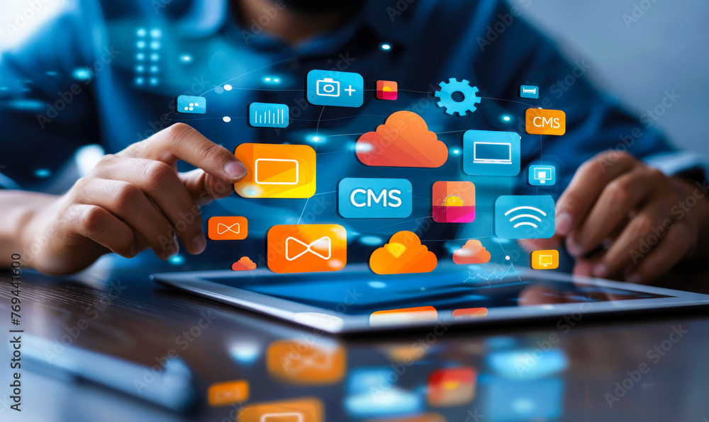 Poster business professional interacts with virtual interface displaying content management system cms & re