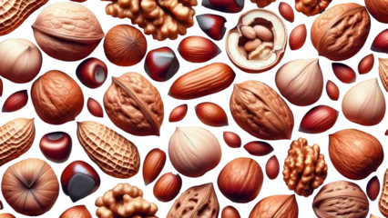 Fotobehang Top view of different nuts isolated on transparent background.  Concept of food texture, banner, wallpaper, healthy snack, healthy fat, nut allergies, nature, organic seeds, protein, diet © InfinityHeart Studio