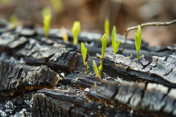 closeup of a burnt log with fresh green shoots sprouting through ash - obrazy, fototapety, plakaty