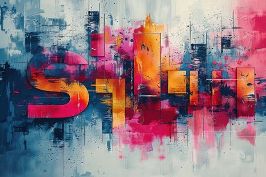 Vibrant multicolored abstract painting with the word STILL written in red on top.