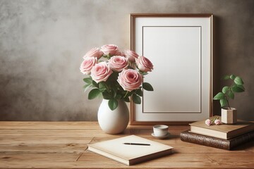 A vase pink roses sits on wooden table next to a framed white picture