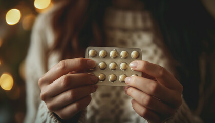Healthcare and Medication: Woman Holding Birth Control Pills - obrazy, fototapety, plakaty