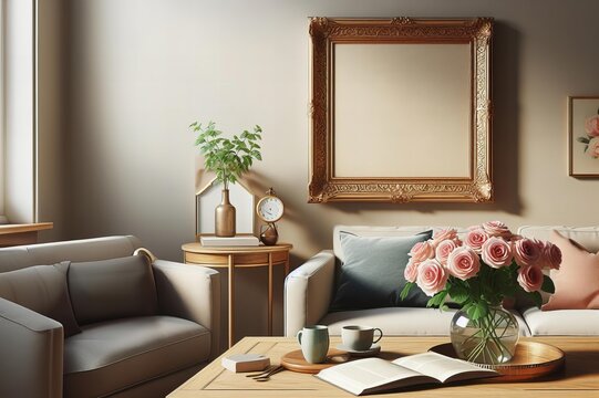A white framed picture sits on a wooden desk with a vase pink roses and cup coffee. Concept calm and relaxation, as flowers