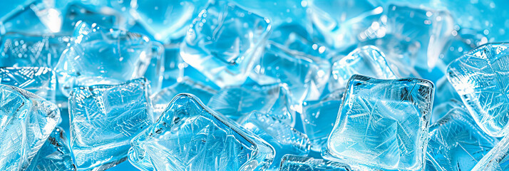 Clear Ice Cubes on a Cool Blue Background, Macro View of Frozen Water, Concept of Freshness and Purity
