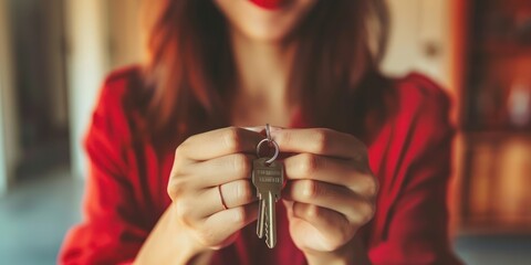 Closeup image of a woman holding the keys for real estate concept 