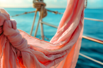 Close focus on a bikini drying on a yacht's bow with the glittering sea and cliffs in background