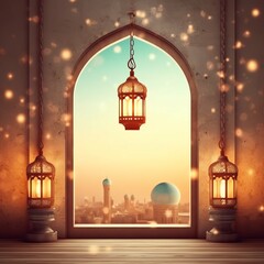 Obraz premium Eid mubarak and ramadan kareem greetings with islamic lantern and mosque. Eid al fitr background