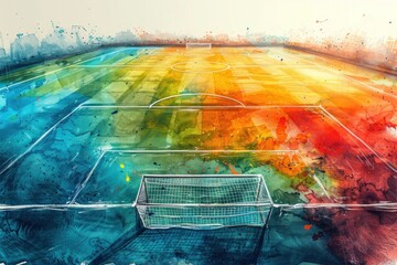 Artistic Colorful Soccer Field with Vibrant Paint Splatter and Goal