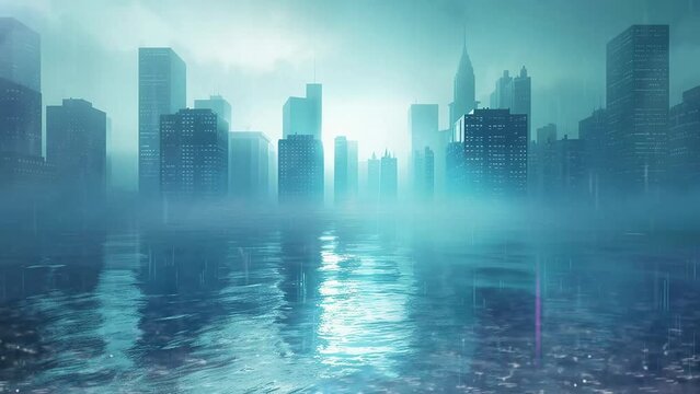 landscape city background. blue surreal 3d cityscape flooded with water. seamless looping overlay 4k virtual video animation background