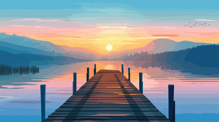 Wooden pier at lake and sunrise.. Flat vector isolated - obrazy, fototapety, plakaty