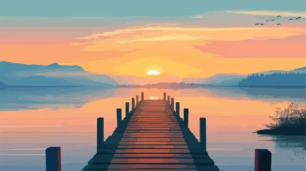 Keuken foto achterwand Wooden pier at lake and sunrise.. Flat vector isolated © Mishab