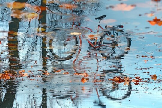 Reflection of a bicycle in a puddle with autumn leaves floating on the surface