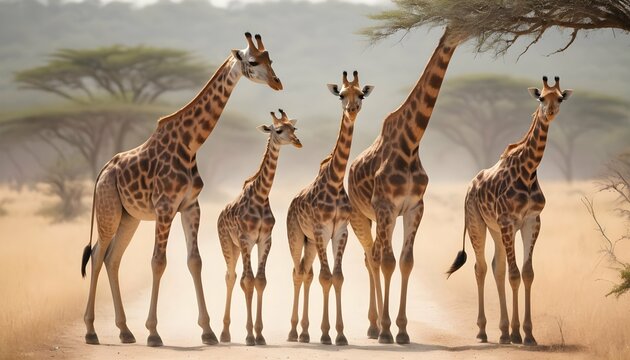 A Giraffe Family Walking In Single File