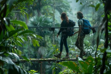 Two people with backpacks crossing a suspension bridge in the jungle. Generative AI.