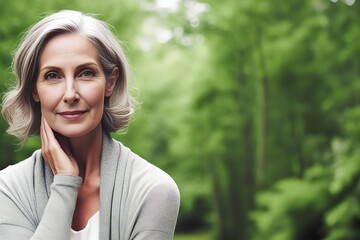 A woman with gray hair is smiling and wearing a gray sweater