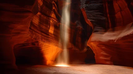 Fotobehang A light shines through a cave, illuminating the inside © hakule