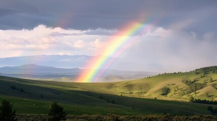 A rainbow is seen in the sky above a grassy field