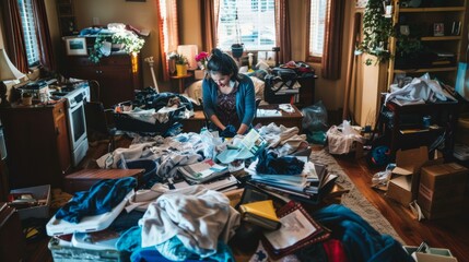 A woman is sorting through a pile of clothes in her living room. Generative AI.