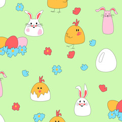 Seamless pattern with Easter chickens, hares, eggs in a nest. Daisies on a green background for kids products. Cute rabbits for baby clothes. Flat vector illustration for printing packaging, fabric