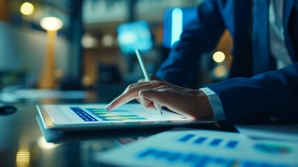 Obraz premium Business professional analyzing financial data on a tablet with focus on interactive screen
