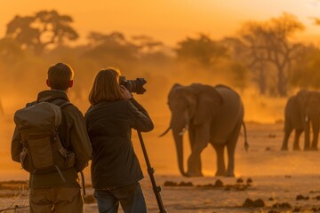 A couple of people taking pictures of elephants in the wild. Generative AI.