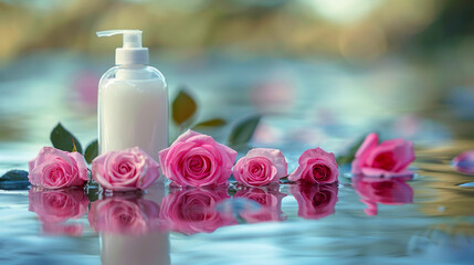 Elegant skincare products with roses reflected in water, conveying luxury and the essence of natural beauty treatments