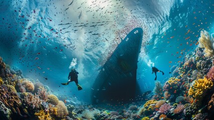 Fototapeta premium A ship is surrounded by coral and fish in the ocean. Generative AI.