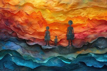 Three People Walking Through a Colorful Textured Landscape of Red, Orange, Blue, and Purple Colors - obrazy, fototapety, plakaty