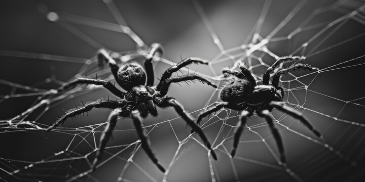 Two spiders are sitting on a web in black and white. Generative AI.