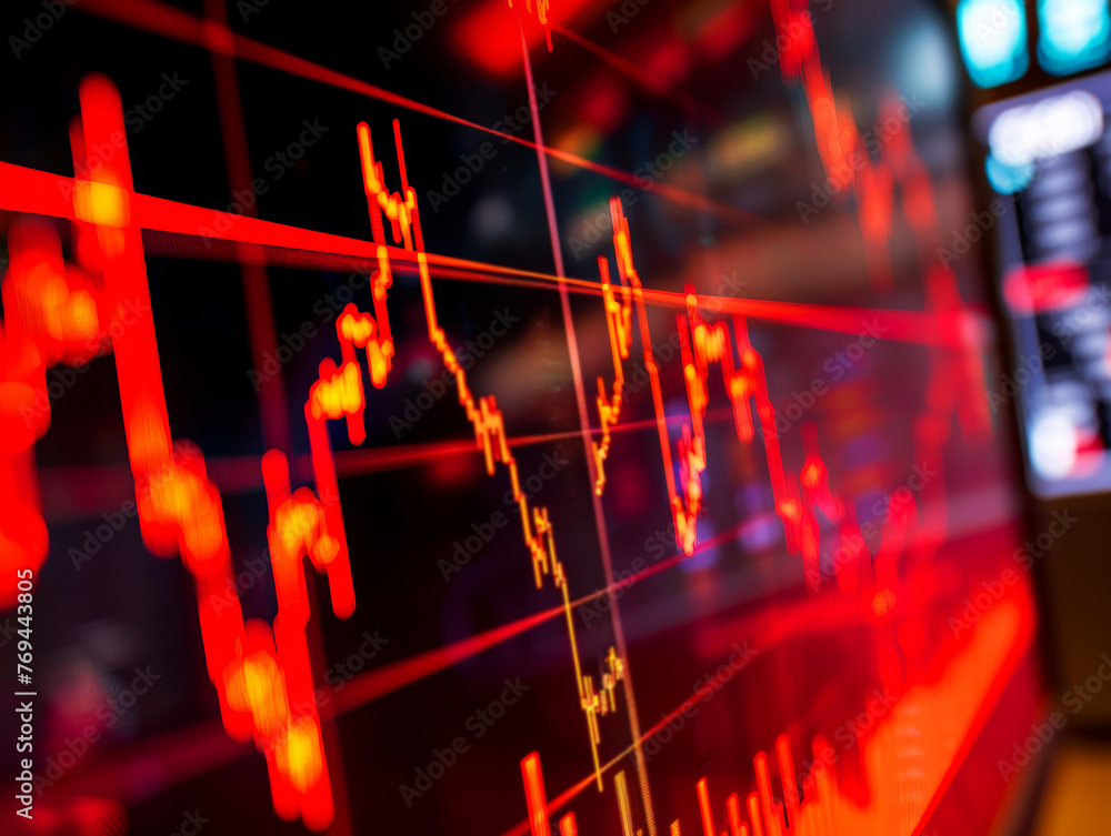 Poster detailed view of a dynamic stock market exchange screen with fluctuating graphs and figures