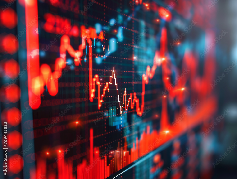 Poster detailed view of a dynamic stock market exchange screen with fluctuating graphs and figures