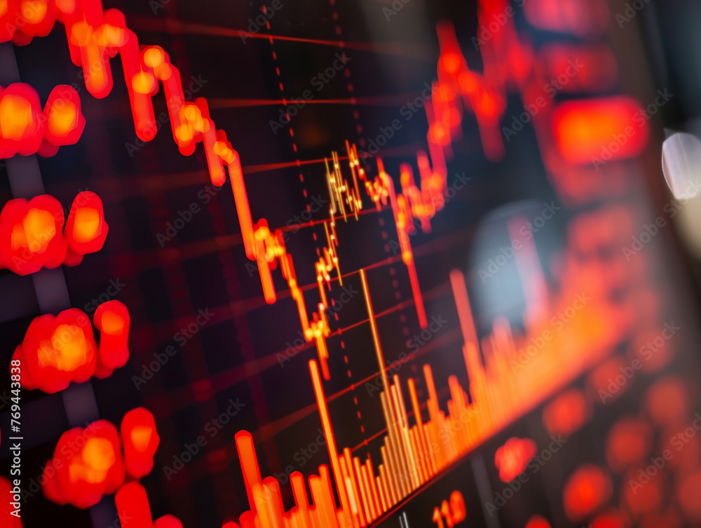 Poster detailed view of a dynamic stock market exchange screen with fluctuating graphs and figures