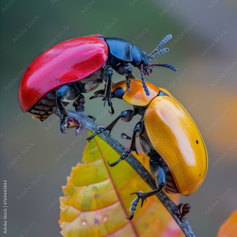 Poster two beetles are mating on a leafy branch in the fall. generative ai.