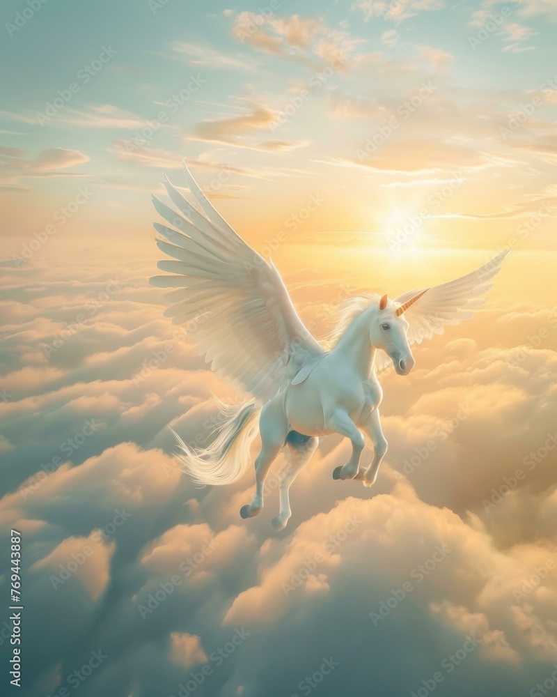 Poster a white unicorn flying through the clouds with wings spread. generative ai.