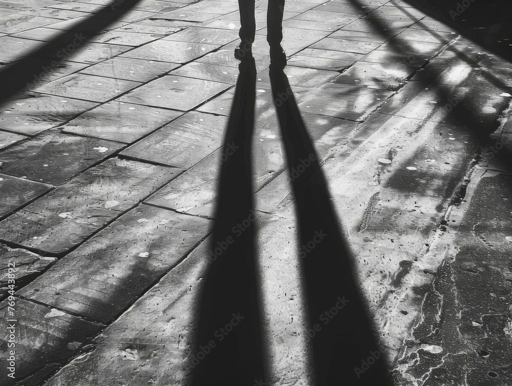 Poster a person standing in the shadow of a building with a phone. generative ai.