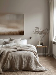 A bedroom with a white bed and a brown blanket