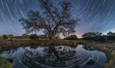 A tree is sitting in the middle of a pond with a star trail in the sky. Generative AI.