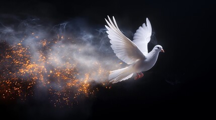 White dove flying in the air with lights on black background. Illustration of the concept of pure spirit.ai generated.