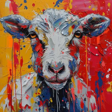A colorful painting of a sheep with a red background