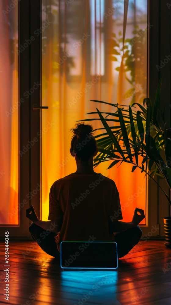 Poster a person sitting in a position in front of a window. generative ai.